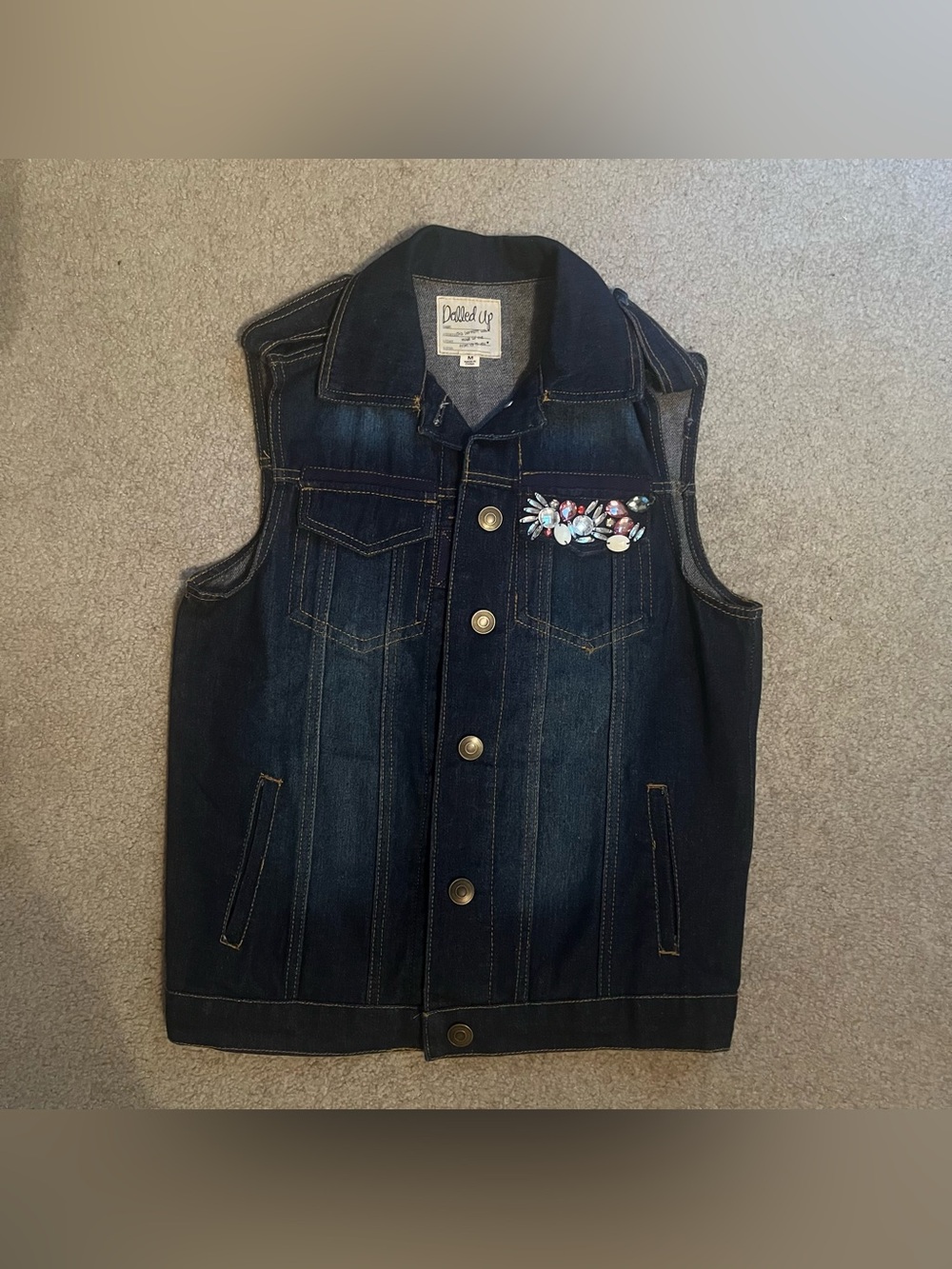 Vintage Women’s Dark-wash Denim Vest with Beaded Embellished Pocket